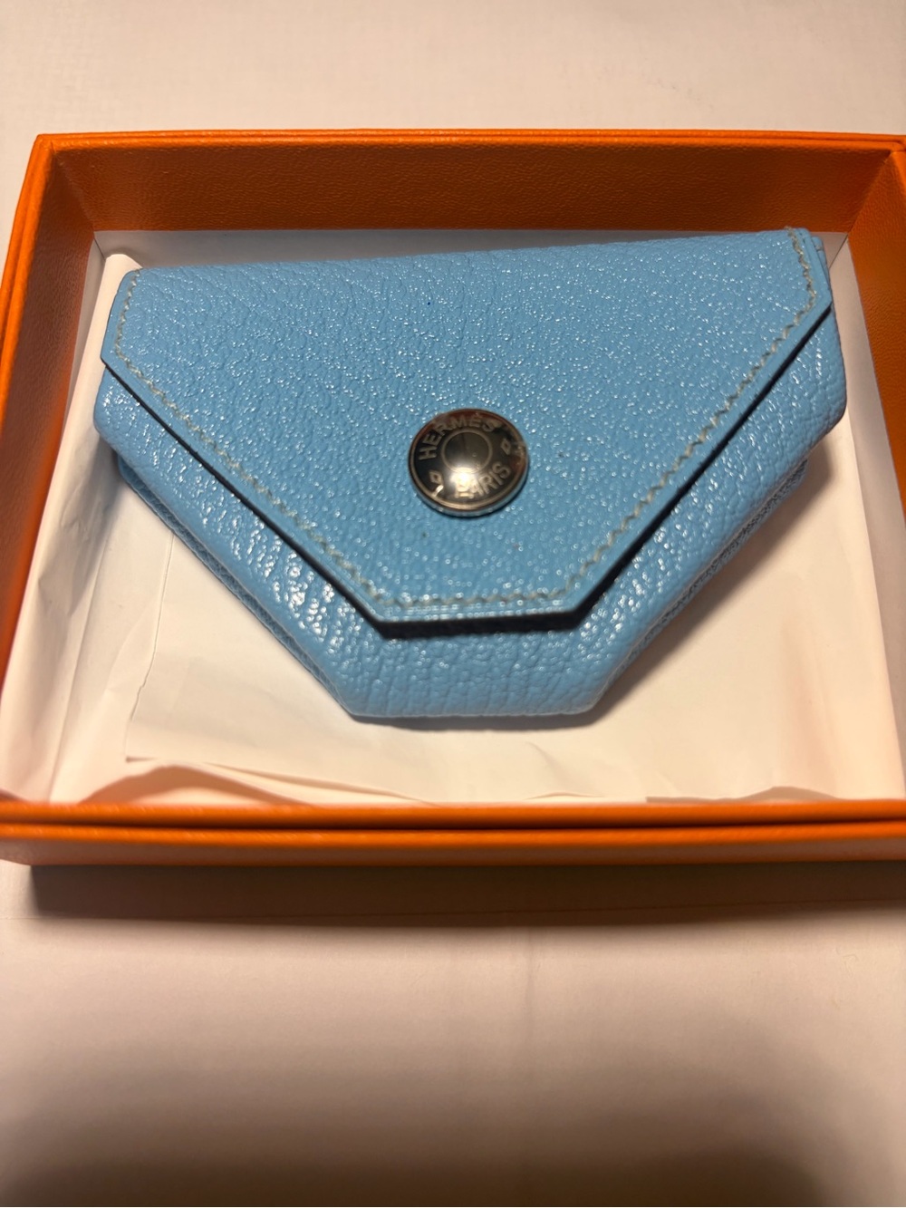 Hermes Light Blue Leather Coin Pouch with red interior- bicolor new with box - Picture 1 of 7